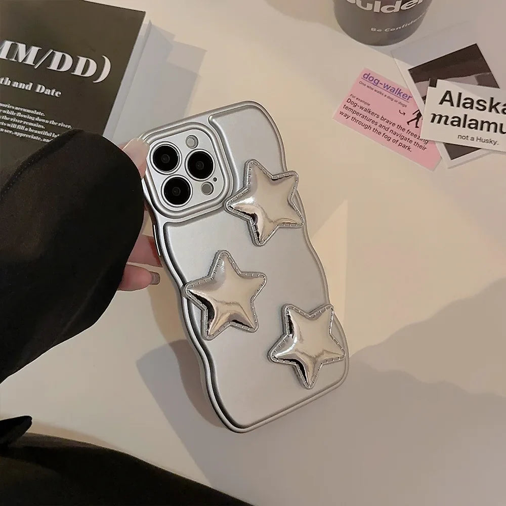 Korean 3D Puff Star Sliver Electroplated Phone Case with Bracelet Chain For iPhone 16 15 14 13 12 11 Pro Max Shockproof Cover