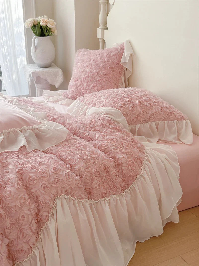 Three-Dimensional Rose Flowers Lace Ruffles Patchwork Bedding Set, Duvet Cover, Bed Sheet, Pillowcases, Pink, Egyptian Cotton