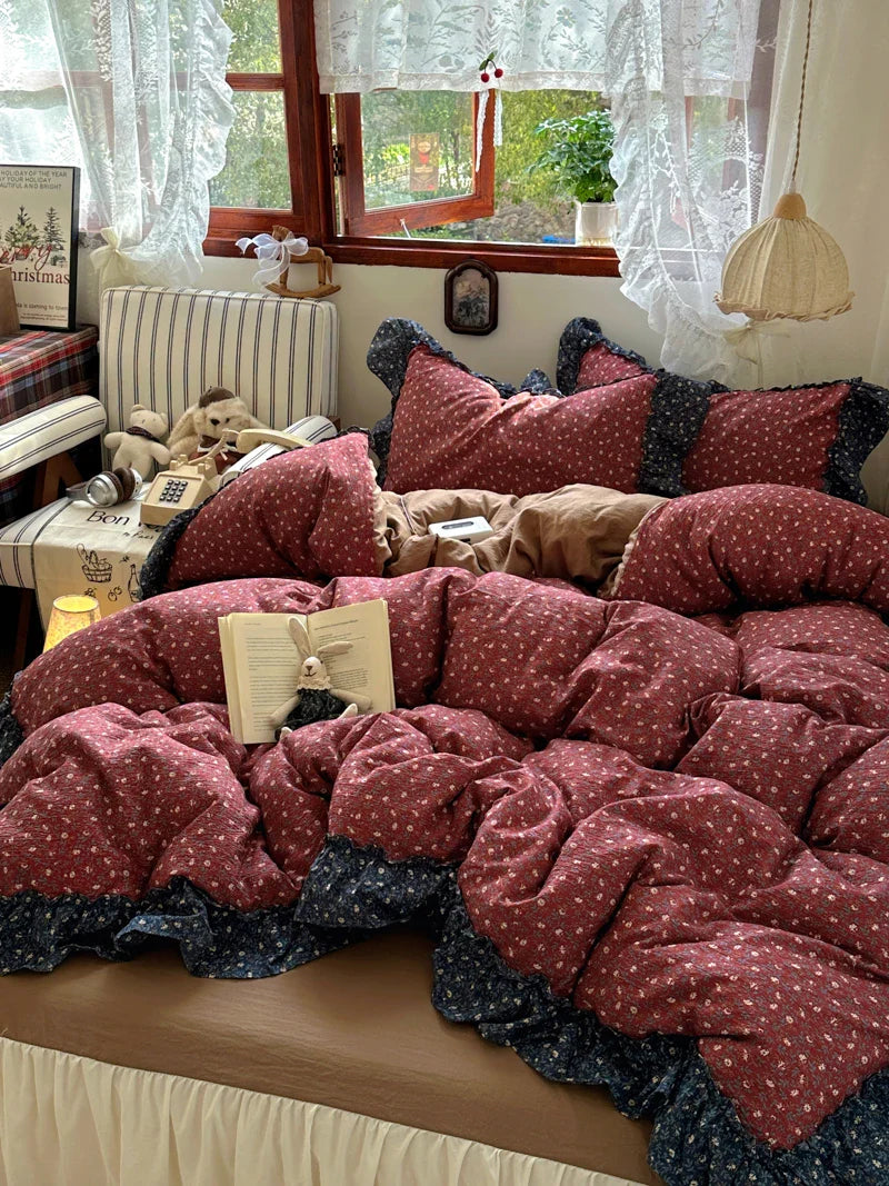 3/4Pcs Vintage Flower Lace Ruffles Skin-friendly Soft Bedding Set Duvet Cover Bed Sheet Pillowcases