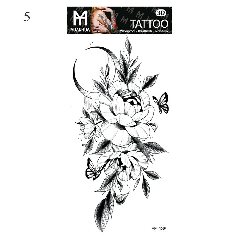 Sexy Black Flower Temporary Tattoos For Women Thigh Men Fake Moon Rose Compass Fake Tatoos Forearm Arm Sleeve Tattoo Stickers