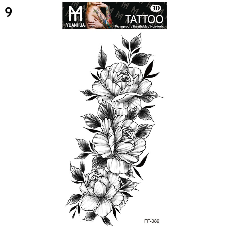Sexy Black Flower Temporary Tattoos For Women Thigh Men Arm Sleeve Rose Flower Realistic Fake 3D Tatoos Forearm Tattoo Stickers