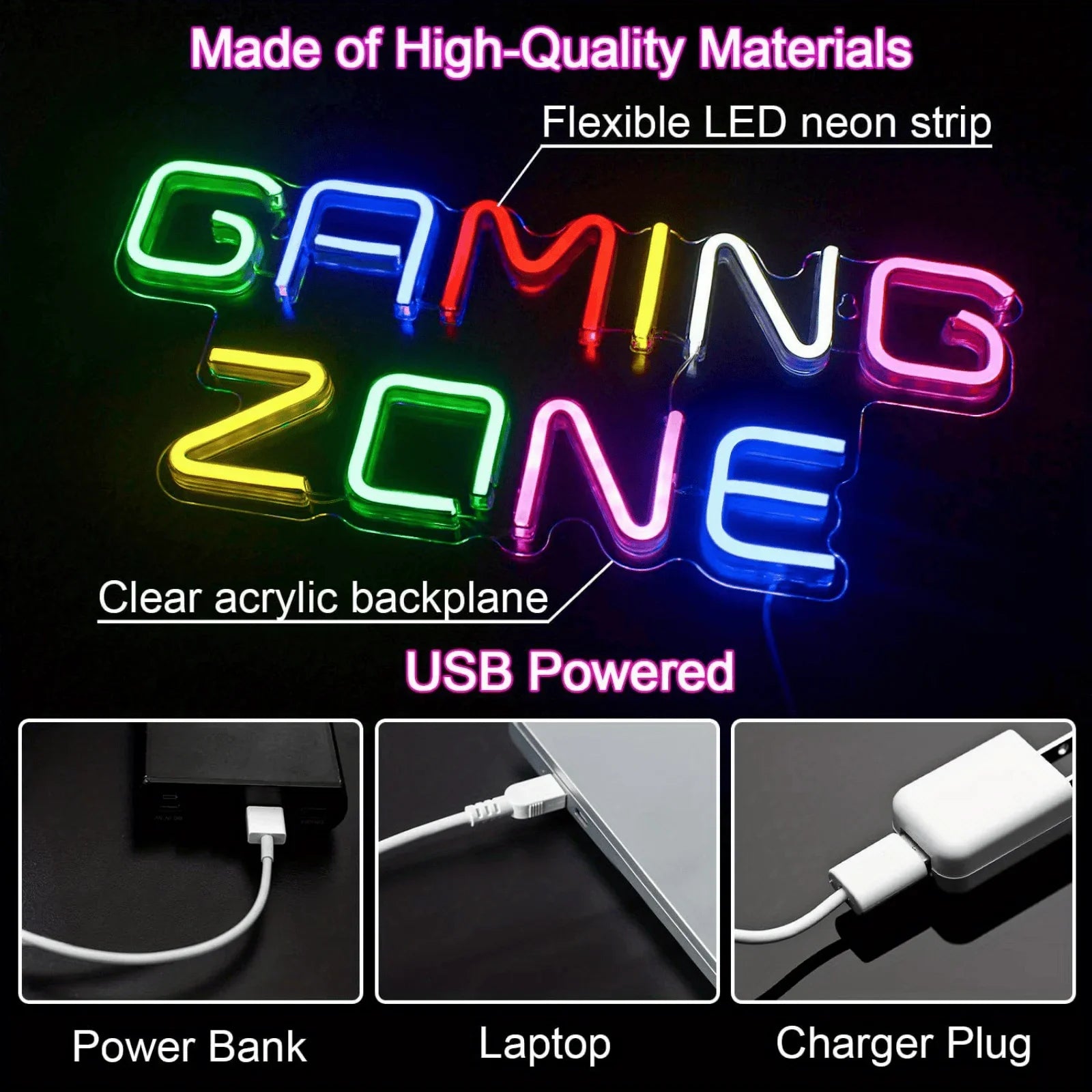 LED Gaming Zone Neon Sign Multicolor USB Powered Wall Light Gamer Room Decor Man Cave Game Bar Bedroom Streamer Aesthetic Hanging Lamp