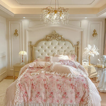 Luxury Princess Style 100% Cotton Bedding Set Floral Jacquard Lace Ruffles Duvet Cover Bed Sheet/Fitted Sheet Pillowcases 4Pcs