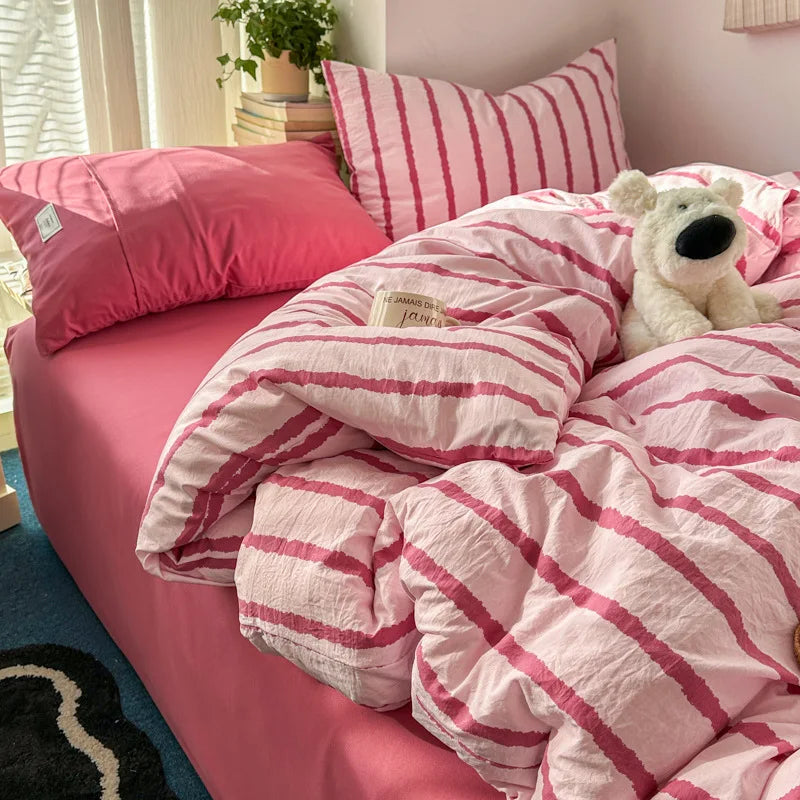 Simple Stripe Two-Tone Bedding Set Nordic Skin-Friendly Sheet Quilt Cover Kit for Four Seasons Machine Wash Colorfast Bedclothes