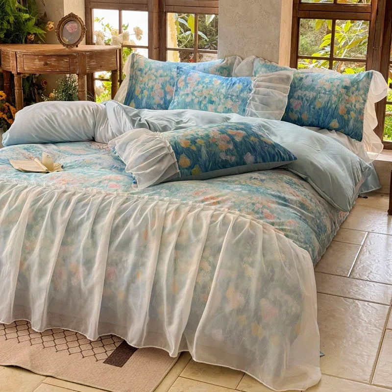 4Pcs French Princess Style Tencel Cotton Ice Silk Summer Cooling Comforter Set Blue Print Ruffle Bedding Set 1.5M Bedspread