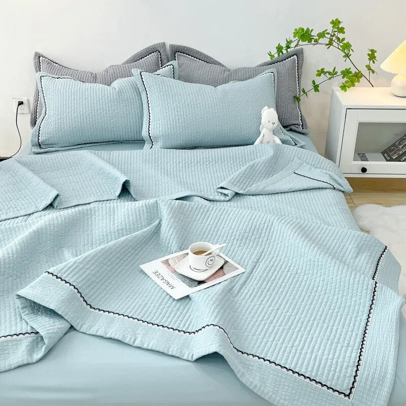 Korean Bubble Yarn Summer Blanket for Double Bed Breathable Thin Comforter Set Machine Washable Quilt 3 Pcs Set or Single Quilts