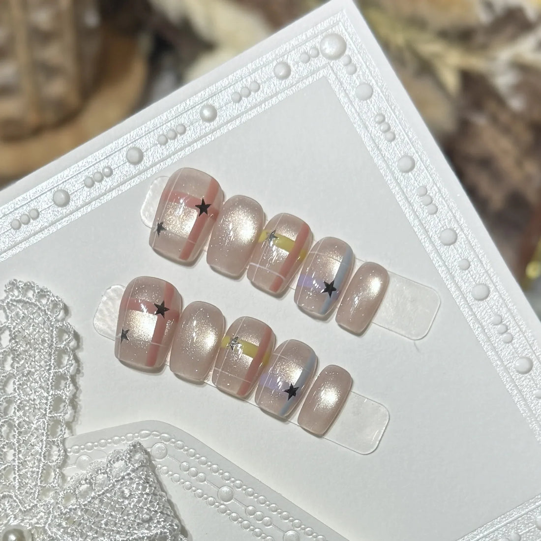 10pcs Colorful Plaid Press on Nails Shiny Cat Eye False Nails Silver Star Nail Cute Sweet Short Square Press on Nails for Girl