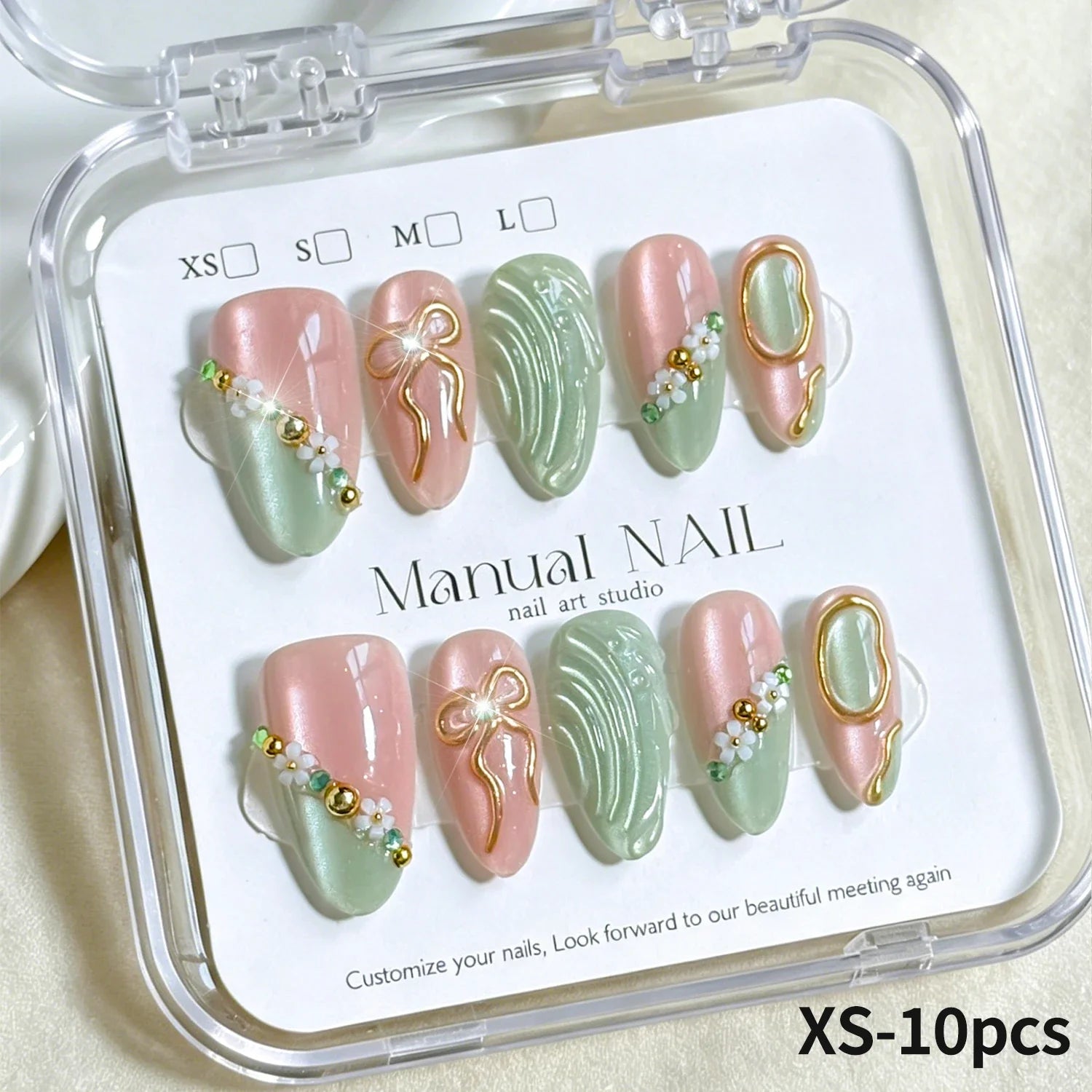 10pcs Pink Green Cat Eye Almomd Press On Nails 3D Gold Bow Bead Mini Flower Gradient False Nail Tips Full Cover Nail Extensions