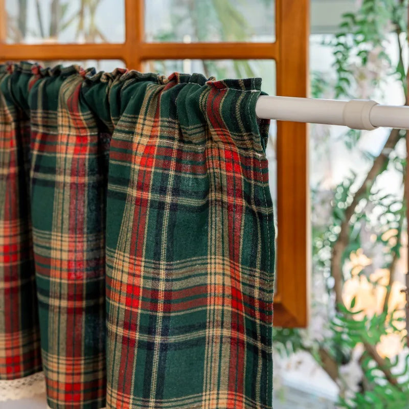Window Valance Green Red Plaid Christmas Style Short Curtain Partition Curtain Linen with Lace Kitchen Coffee Shade Valances