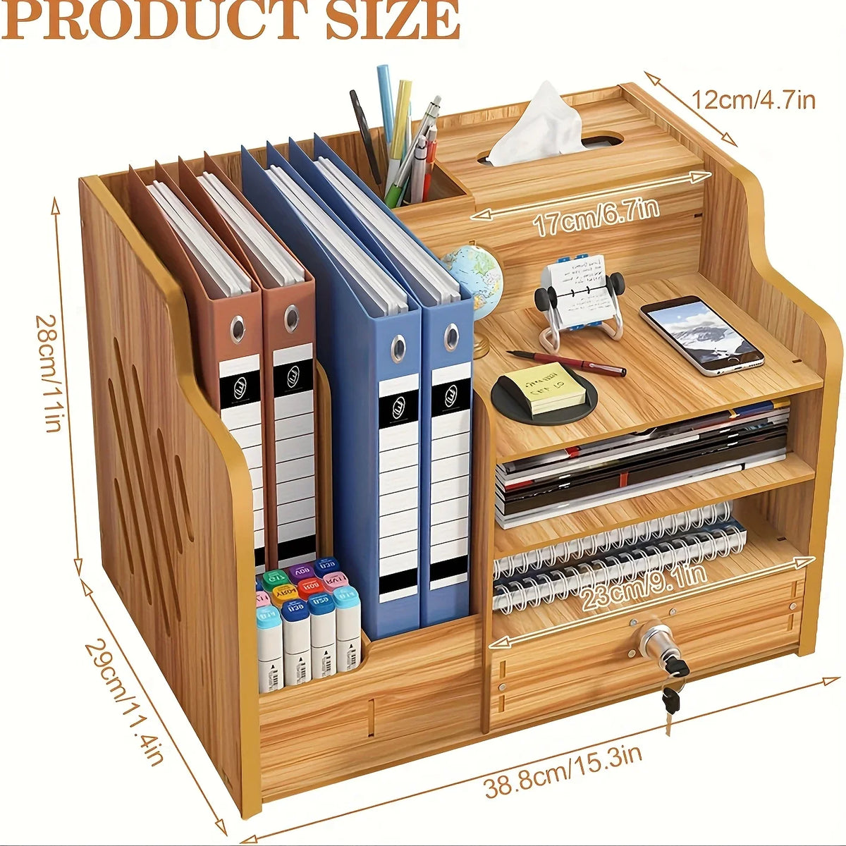 Wooden Desktop Organizer Desktop Storage Box Office Supplies Stackable File Holder with Pen Slot Key Hook Stationery Organizer