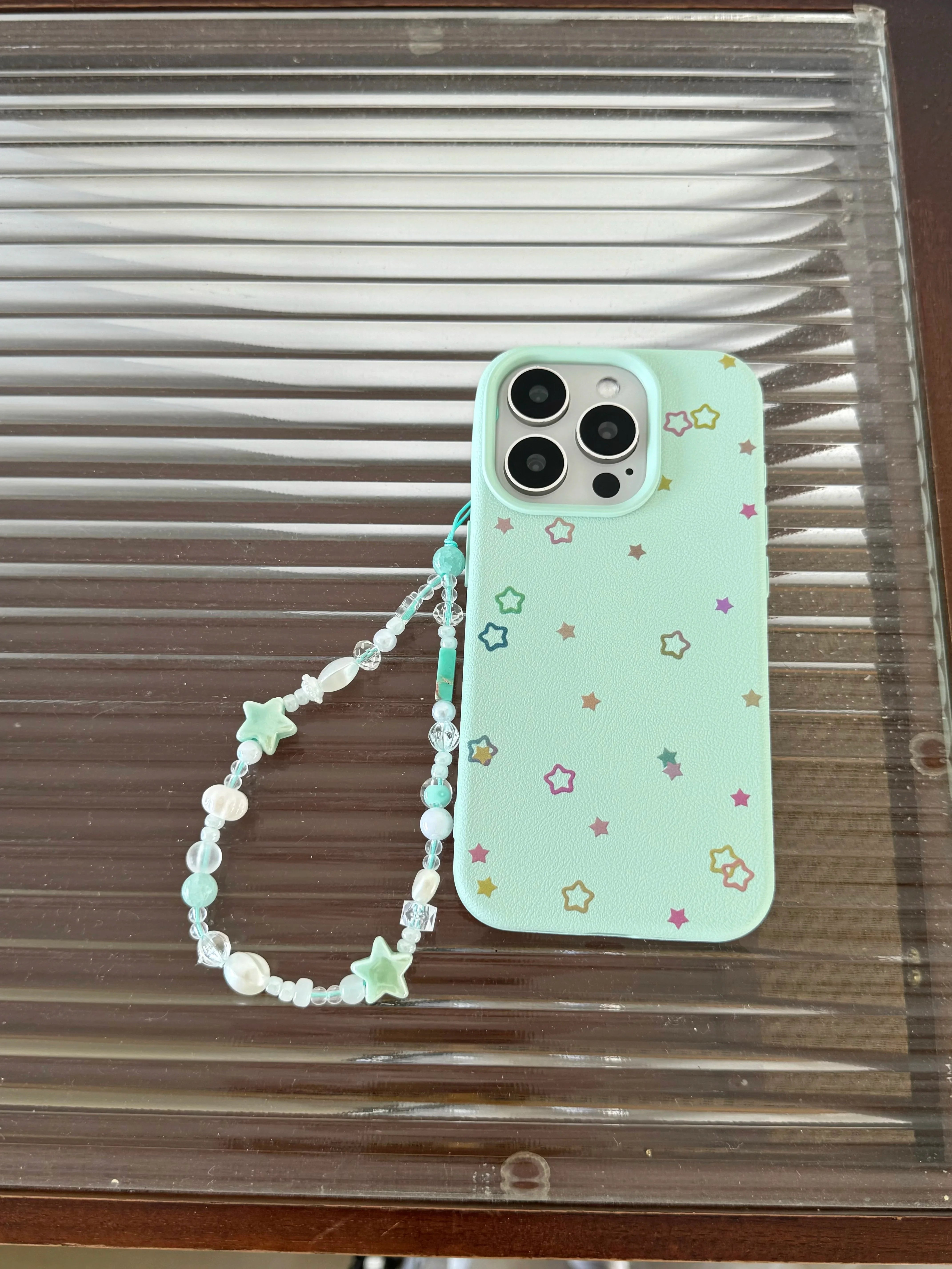 Korean INS Mint Green Little Stars Leather Texture Wrist String Phone Case for iPhone 16 15 14 13 Pro Max Back Phone Cover Capa