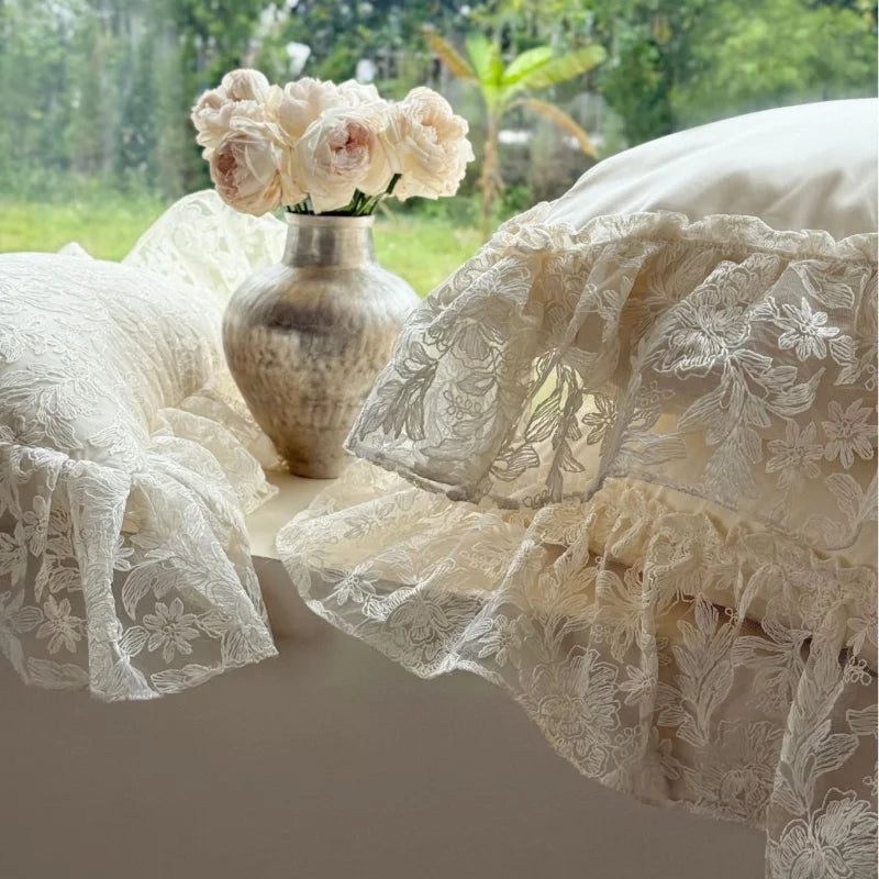 French Princess Bedding Set 4PCS Luxury All Cotton Lace Duvet Cover Set with Quilted Bedspread, Elegant Bedding Queen King Size