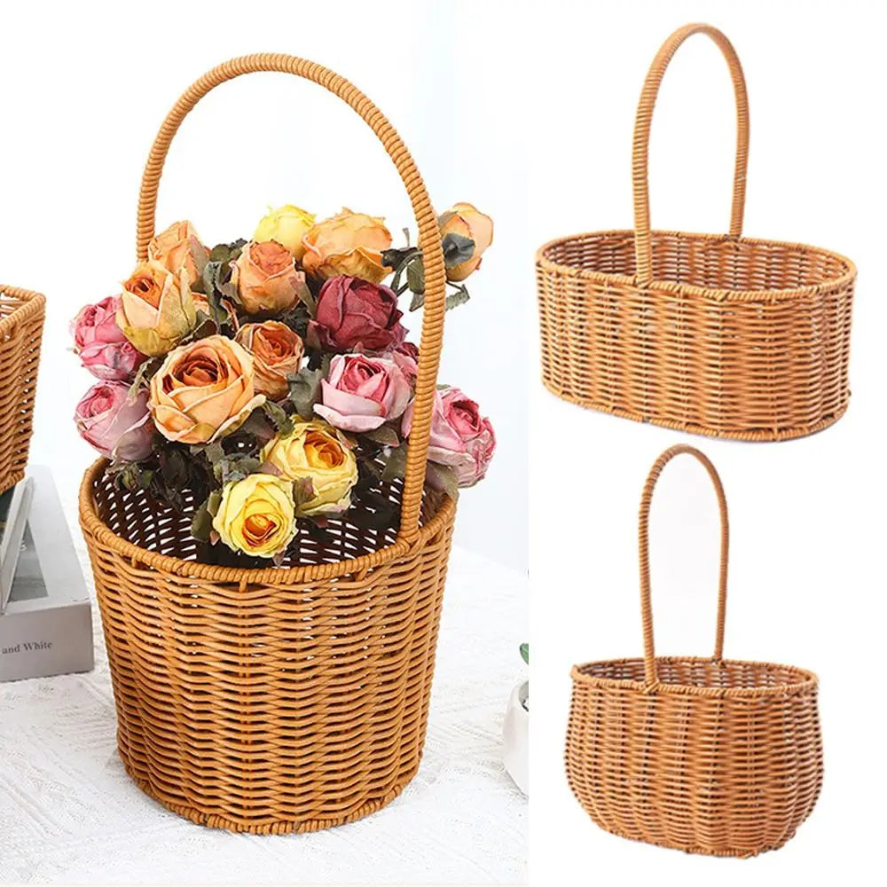 Willow Rattan Bride Flower Basket Picnic Container with Handle Picnic Weaving Basket Hand-Woven Flower Arrangement Basket