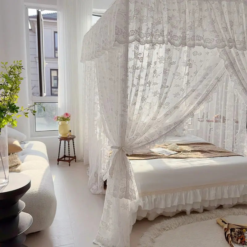 Light Luxury Jacquard White Romantic Lace Mosquito Net Three Door Bed Curtain Encrypted Bed Curtain No Bracket