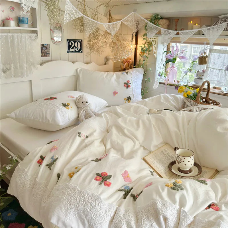 3/4Pcs Korean Princess Style Floral Embroidered Towel Bedding Set Single Queen King Size Duvet Cover Set Bed Sheet Pillowcases