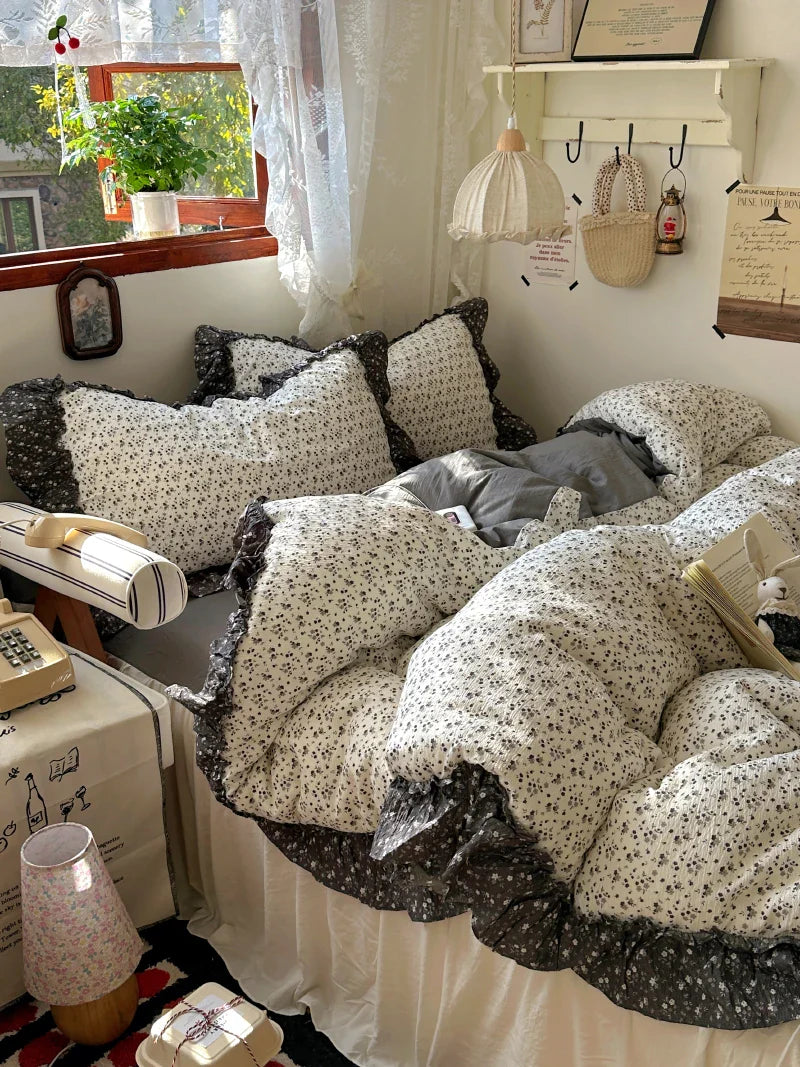3/4Pcs Vintage Flower Lace Ruffles Skin-friendly Soft Bedding Set Duvet Cover Bed Sheet Pillowcases