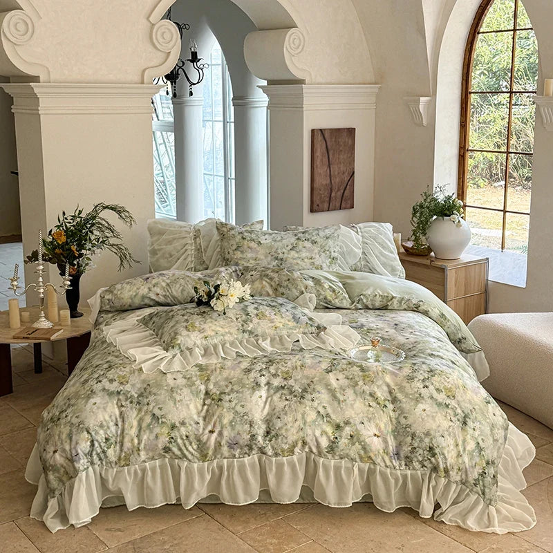 3/4Pcs Bedding Set Tencel Cotton Ice Silk French Vintage Pleated Style Luxury Duvet Cover Bed Linen 2 Bedroom With Elastic Band