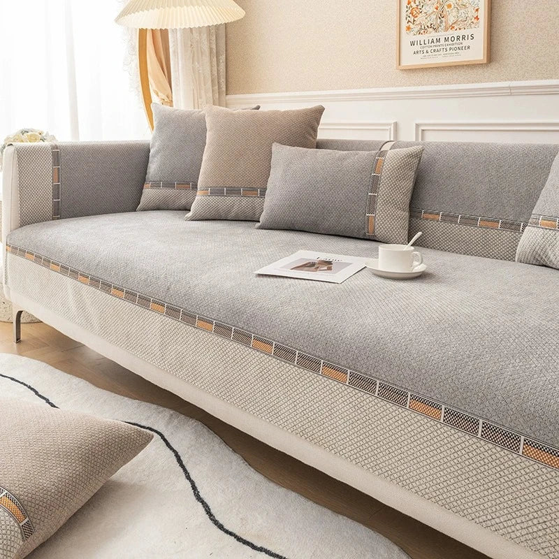 1pc Bohemian-Style Solid Color Small Diamond Chenille Non-Slip Sofa Cover,Two-Tone Splice Design,Ideal for Bedroom,Living Room