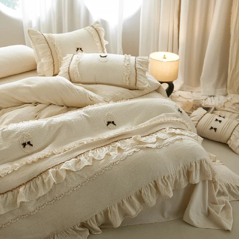 Princess Style Lace Trim Cotton Linen 4Pcs Bedding Set, French High-End Linen Duvet Cover & Sheet Set, Machine Washable