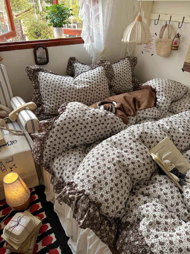 3/4Pcs Vintage Flower Lace Ruffles Skin-friendly Soft Bedding Set Duvet Cover Bed Sheet Pillowcases