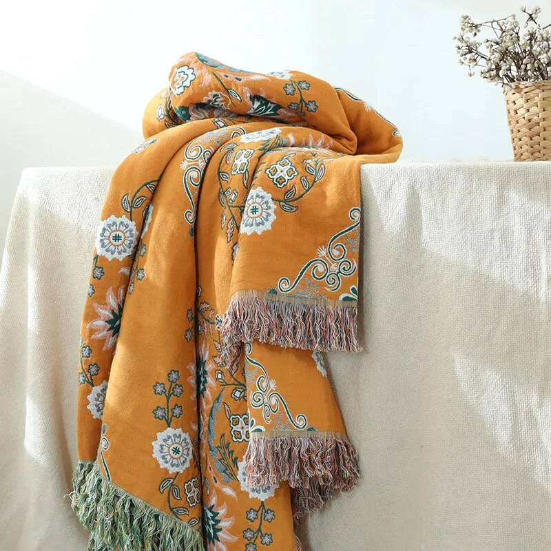 Textile City Cotton Gauze Flower Language Tassel Sofa Towel Double-sided Four Season Sofa Cover European Style Blanket Towel