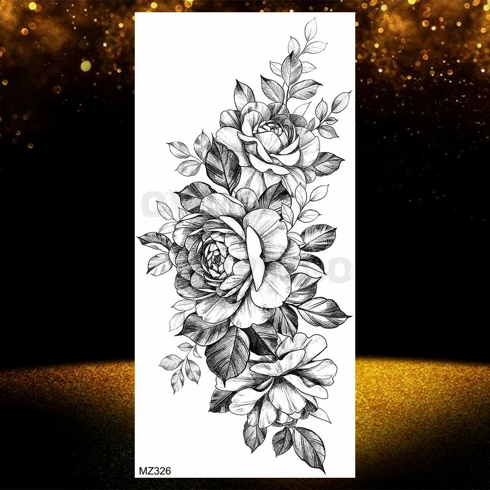Realistic Black Rose Flower Temporary Tattoos Fake Waterproof Tatoo Body Art Arm Leg Floral Peony Bloosom Tattoo Stickers Makeup
