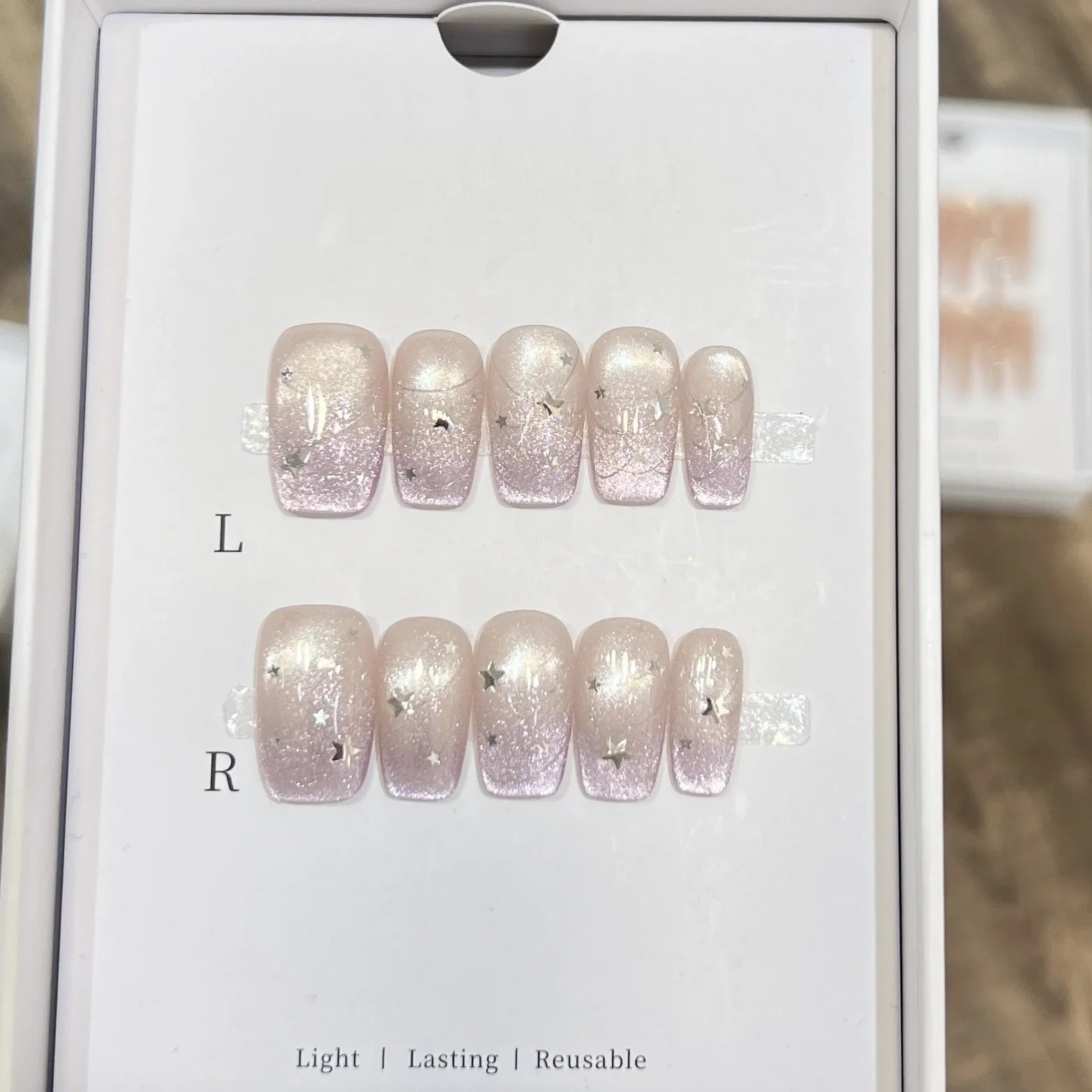 10Pcs Purple Cat Eye Coffin Press on Nails Silver French Fake Nails Plaid Polka Dot Nail 3D Bowknot Star Rhinestone False Nails