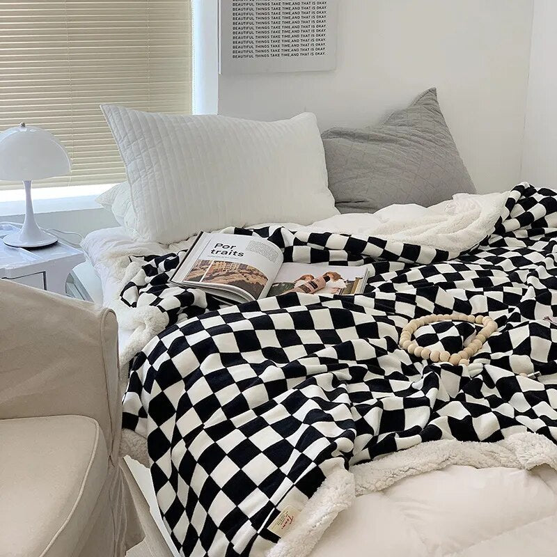 Textile City Nordic Style Checkerboard Blanket Thickened Casual Sofa Nap Throw Air Conditioning Plaid Home Decorate for Winter