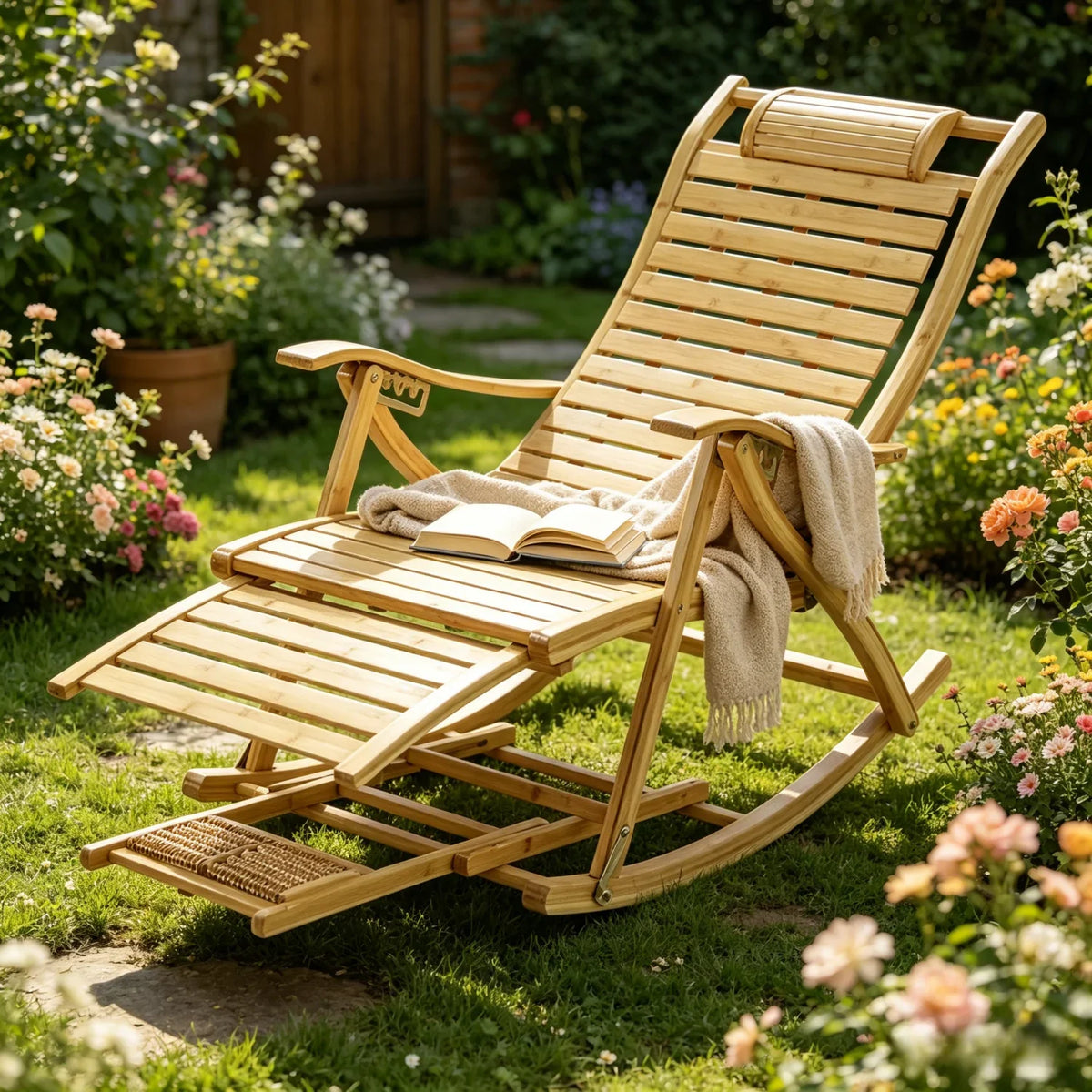 Folding Bamboo Roacking Chair Bamboo for Living Room, Bedroom, Backyard,Indoor Outdoor Furniture Adjustable Sun Lounger Chairs