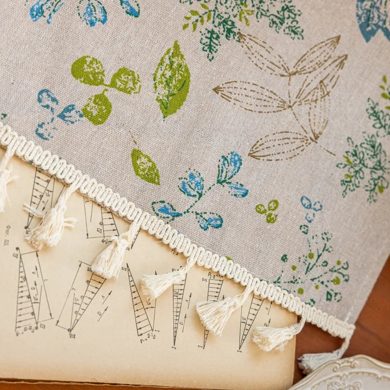 Window Valance Leave Print Linen Farmhouse Short Kitchen Curtains with Tassel Postal Style Rustic Valances Rod Pocket Room Decor