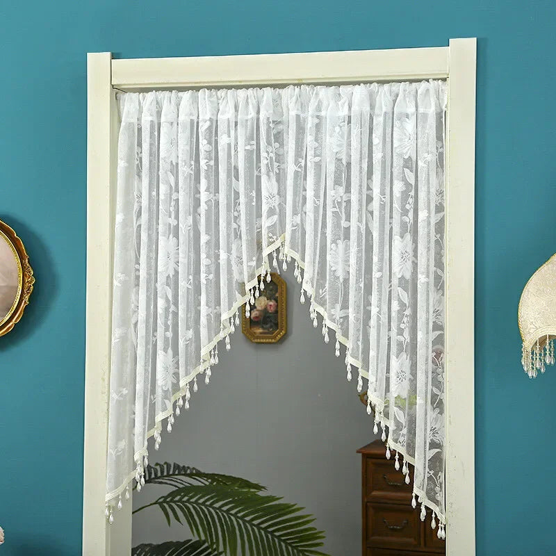 Embroidery Sheer Valance Door Decor Lace Short Curtain with Tassel Beads Embroidery Sheer Valance for Living Room New