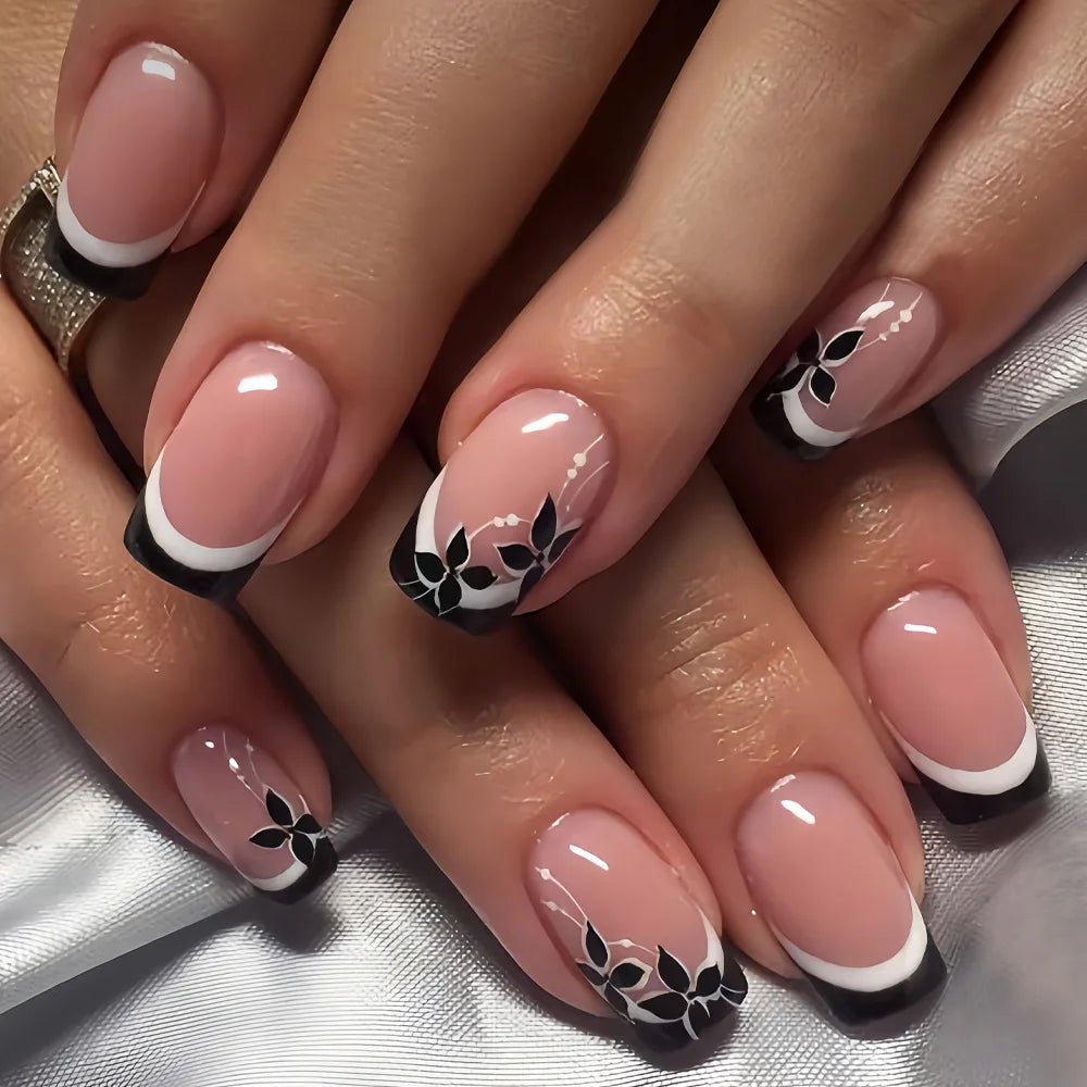 24pcs Sweet Cool False Nails Gradient French Fake Nail Tips with Purple Flowers Design Short Square Press on Nails Colorful Nail
