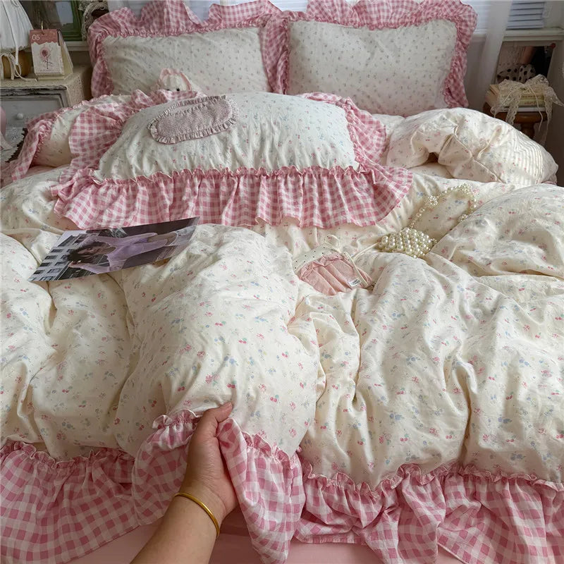 Korean Princess Style Floral Ruffles Bedding Set Washed Cotton Duvet Cover Bed Sheet Pillowcases Single Full Queen Size 3/4Pcs