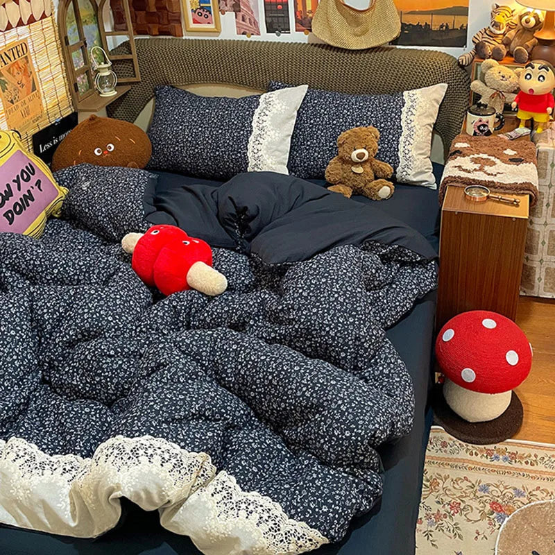 French Double-Layer Yarn Printing Bedding Set Comfort Colorfast Comforter Sets with Lace Retro Floral Skin-Friendly Bed Linens
