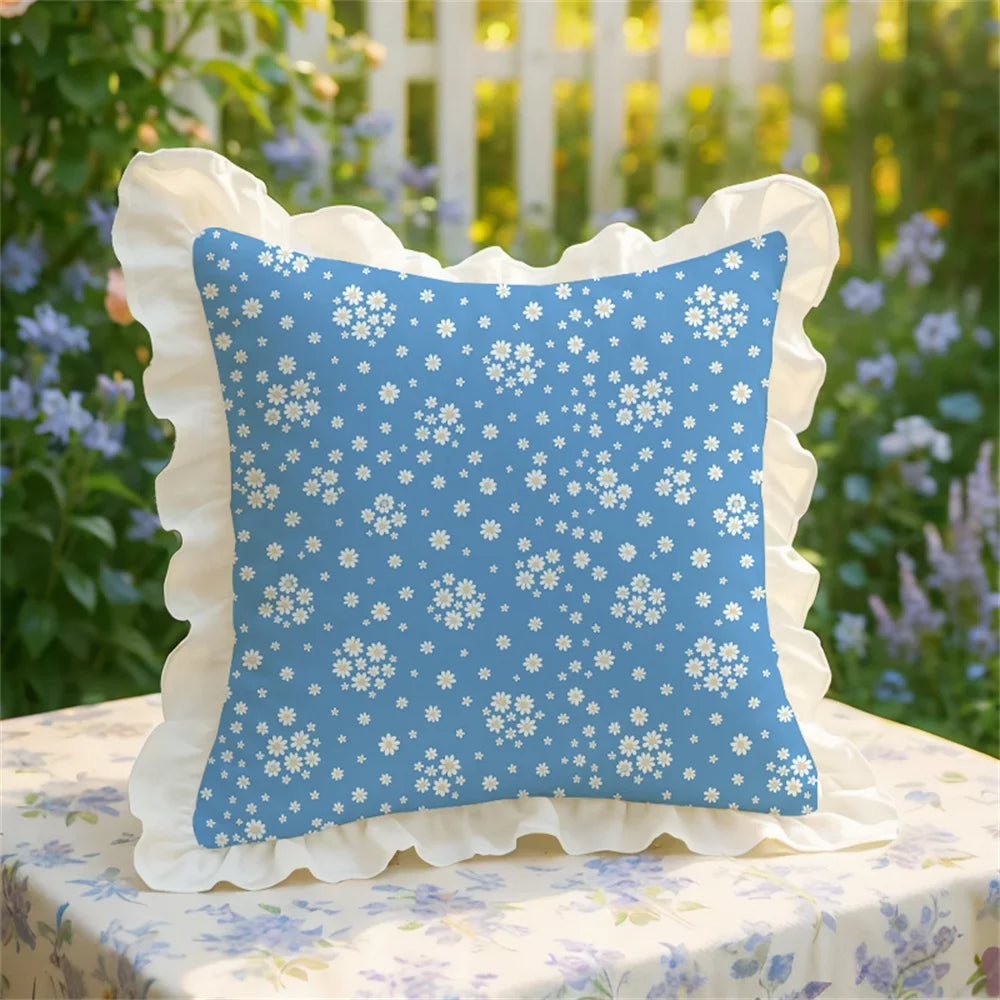 Korean Romantic Pillow Girl's Heart Washed Cotton Ruffled Cushion Cover Core Car Sofa Carto Rabbit Floral Pillow 45cmx45cm