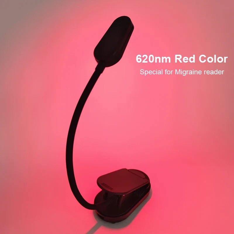 620nm Red Clip-On Book Light Rechargeable Portable Reading Light No Blue Light Eye Care for Bedtime Migraine Relief Night Light
