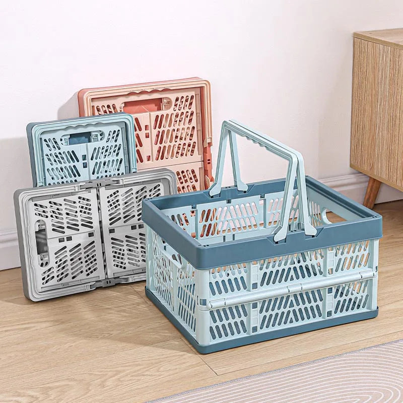Large Folding Basket Portable Outdoor Picnic Basket with Handle Foldable Camping Storage Box Plastic Shopping