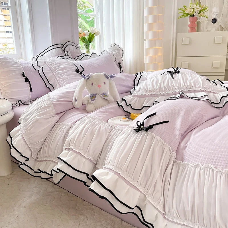 3/4Pcs Bedding Set Princess-Style Purple Bow Double-Layer Ruffles Duvet Cover Pillowcase Full-Size Queen Bed Sheet Set For Home