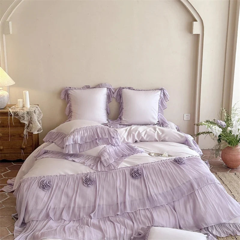Pink Egyptian Cotton Princess Wedding Bedding Set Luxury Lace Ruffle Flowers Duvet Cover Sets Bed Sheet Pillowcases Home Textile