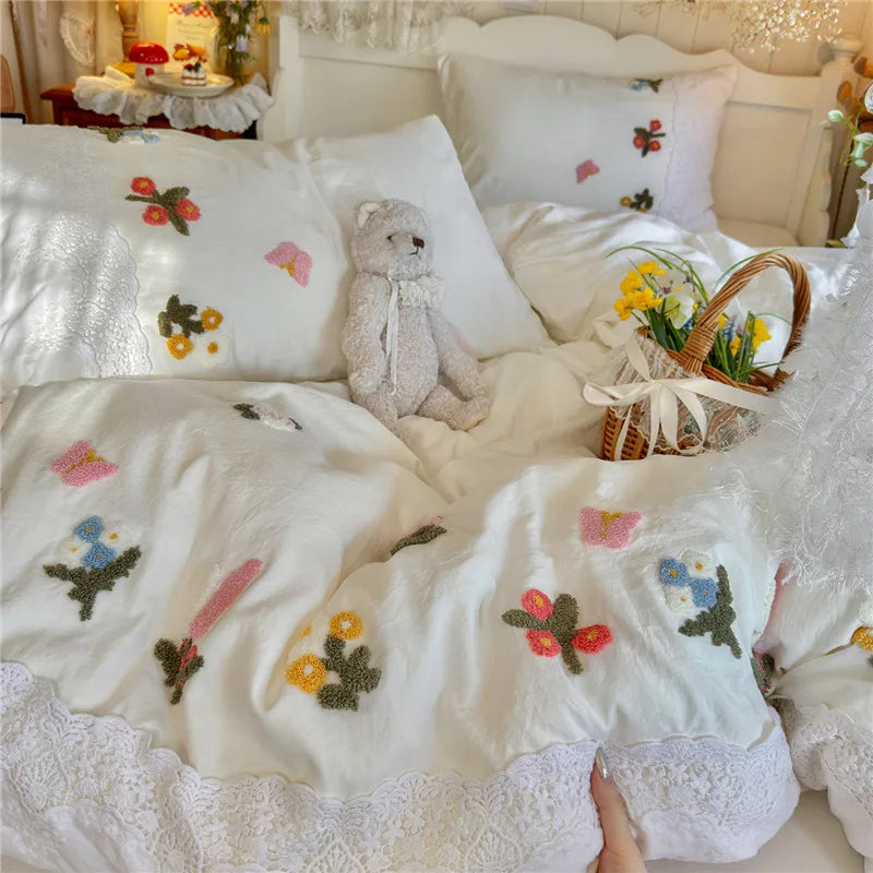 3/4Pcs Korean Princess Style Floral Embroidered Towel Bedding Set Single Queen King Size Duvet Cover Set Bed Sheet Pillowcases