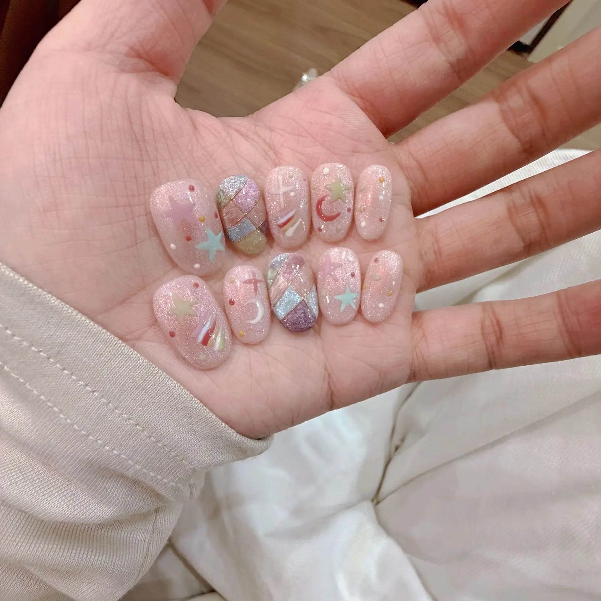 10Pcs Ballet Sweetheart False Nails Bowknot Pearl French Press on Nails Pink Almond Artificial Nail Art Handmade Lace Fake Nails