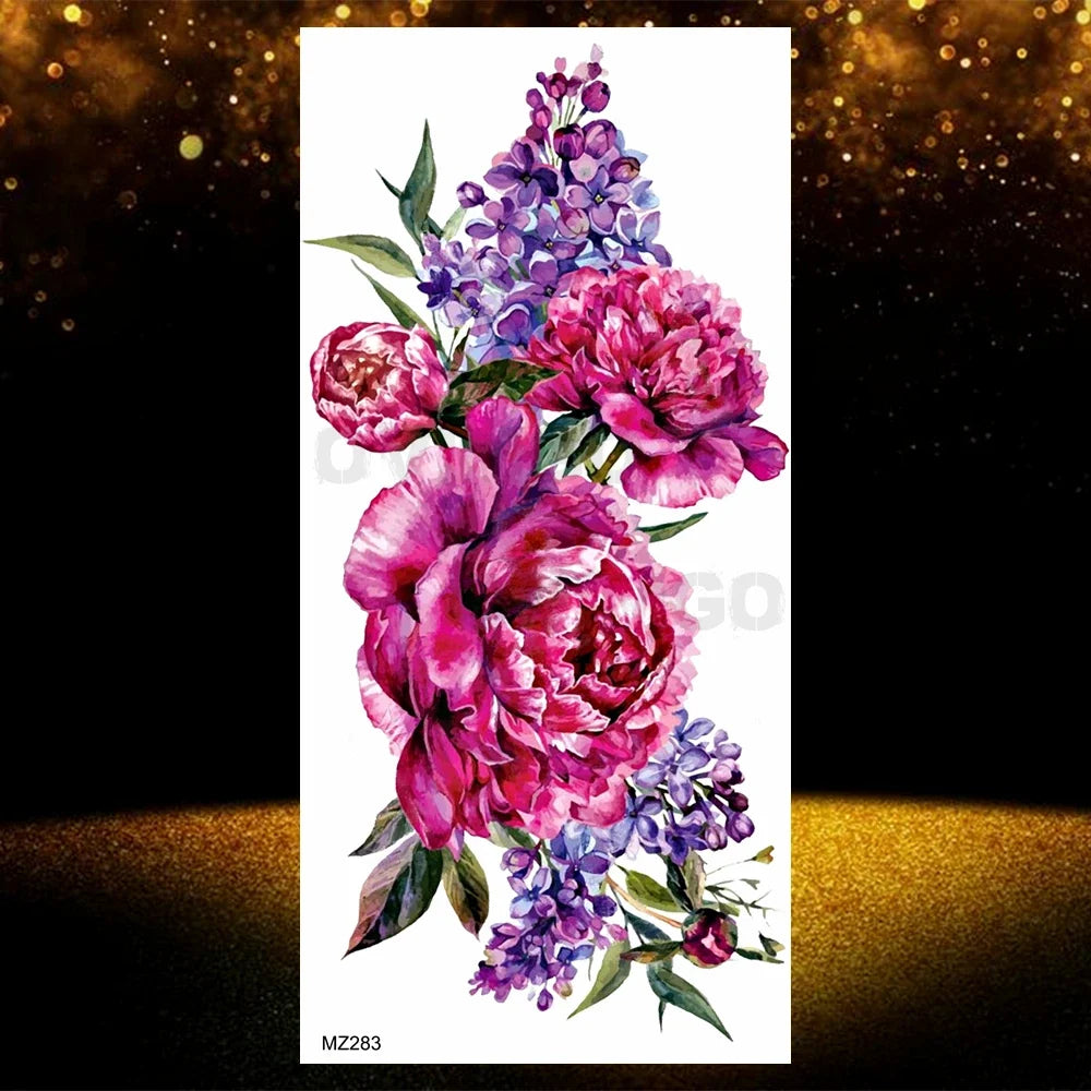 Realistic Black Rose Flower Temporary Tattoos Fake Waterproof Tatoo Body Art Arm Leg Floral Peony Bloosom Tattoo Stickers Makeup