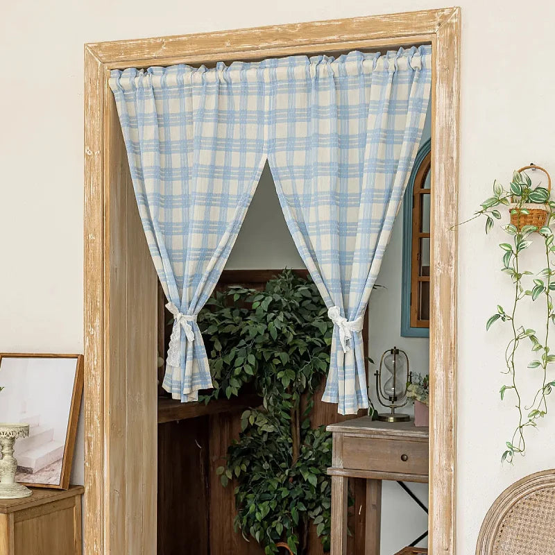Blue And White Plaid Door Curtain Partition Curtain Bedroom op Commercial Bloing Curtain Semi Curtain No Punching Batoo...