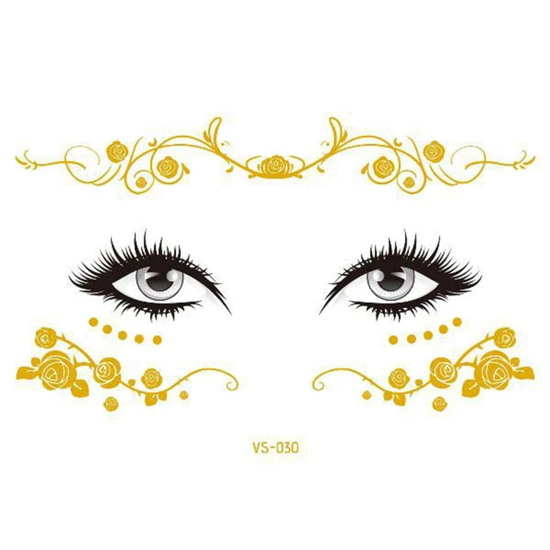 Glitter Stickers Face Tattoo Flash Gold Temporary Metalic Tattoos Waterproof Makeup Decals for Girls Party Music Festival