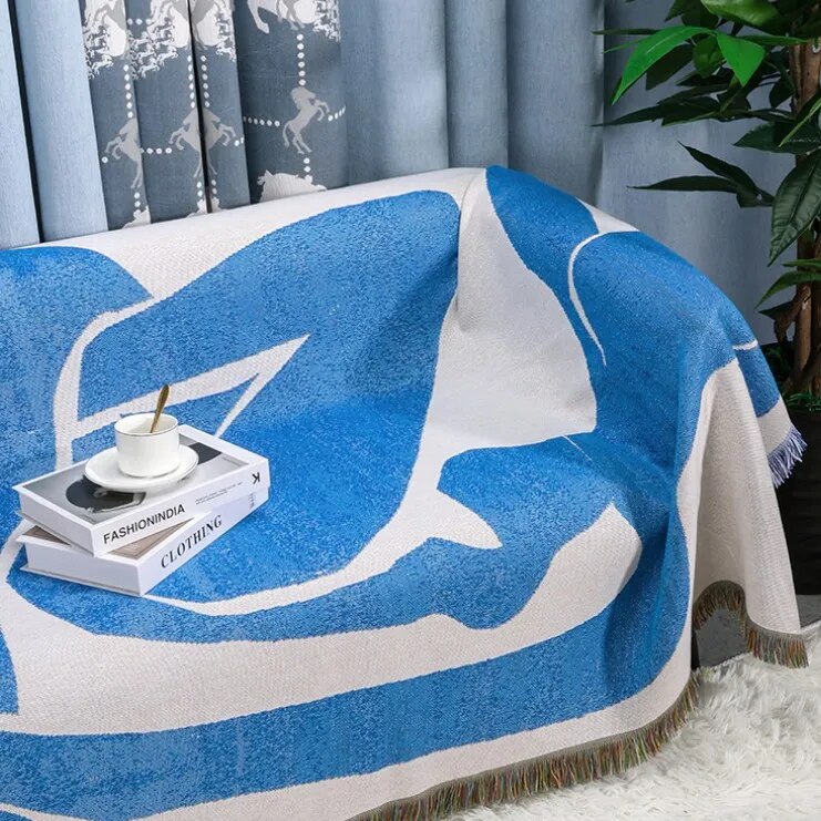 INS Abstract Art Tassel Throw Blankets Blue Sofa Cover Portrait Tapestry Nordic Blanket for Beds Home Outdoor Camping Picnic Mat