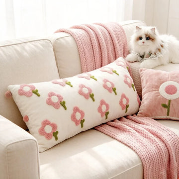 90x35cm Floral Tufted Cushion Cover Soft Plush Throw Pillow Pink Green Home Decor Sofa Bedroom