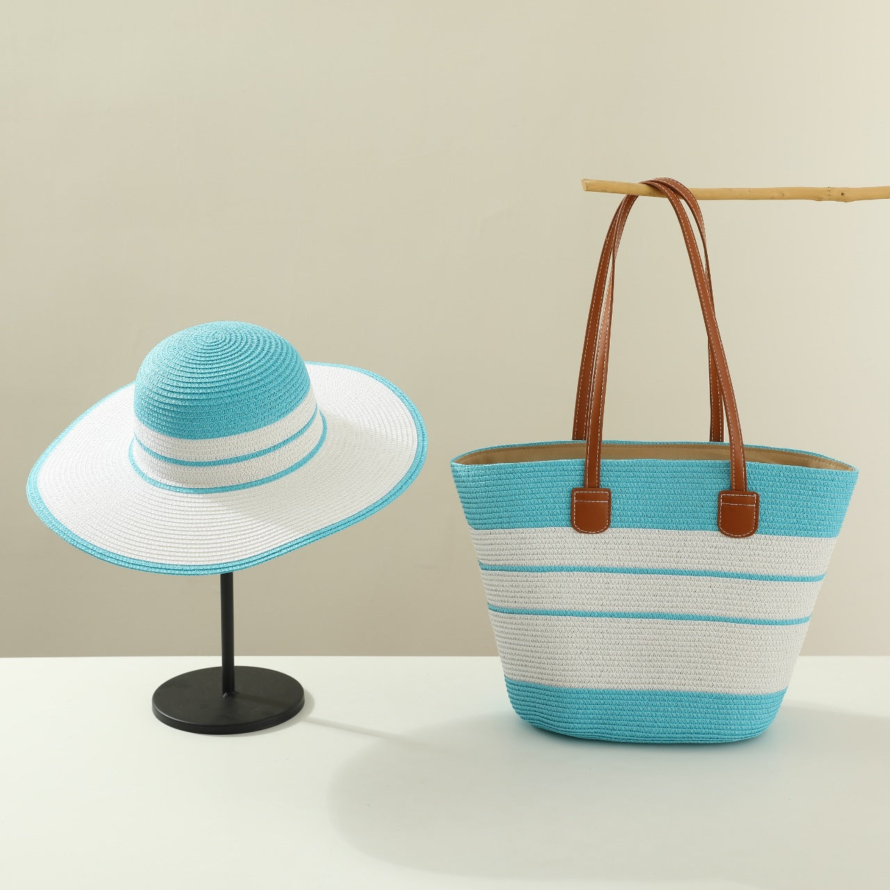 Handmade Designer Beach Straw Hat and Bag Set for Women