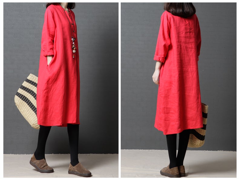 Vintage Linen Women V Neck Long Shirt Dresses-Dresses-Free Shipping at meselling99