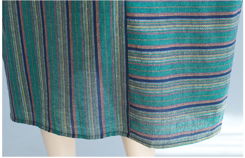 Vintage Green Linen Striped Asymmetrical Short Dresses-Dresses-Green-One Size-Free Shipping at meselling99