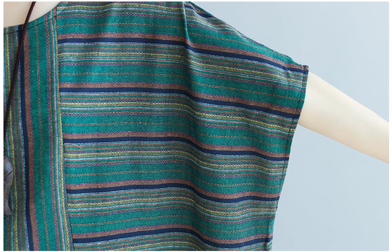 Vintage Green Linen Striped Asymmetrical Short Dresses-Dresses-Green-One Size-Free Shipping at meselling99